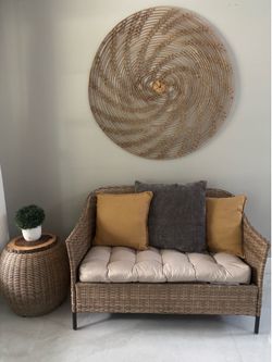 Beige Rattan Loveseat and Small Table