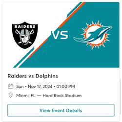 2 Tickets Miami Dolphins Las Vegas Raiders Football  11/17 November 17, 2024  1pm Sec 301 Row 8 Full Shade Cover