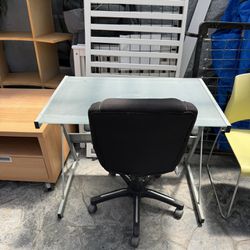 Modern computer writing / student desk w/ frosted glass top  $30, office chair $10