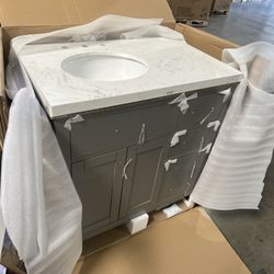 *Clearance* 36” Single Bathroom Vanity Cabinet in Gray with Quartz Countertop - Round Sink Offset L