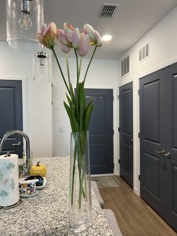 Pottery Barn Tall Glass Vase With Artificial Flowers