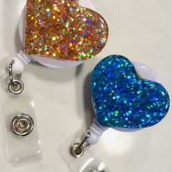 for (2) TWO GLITTER HEART SWIVEL BADGE ID REEL HOLDER ALLIGATOR CLIP NURSE RN 