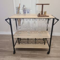 Bar Cart + 12 Wine Glasses + Assorted Glasses