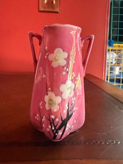 Vintage Japanese Pink Lustreware Vase Hand Painted Plum Blossom Art Deco Japan