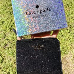 NWT Kate Spade Lola Glitter Boxed Small L-Zip Bifold Wallet Black Gift Box