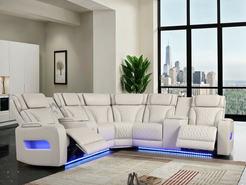 Gourges Sectional 2 Power Recliners, Bluetooth Speaker, Cup Holder & USB PORT LED Light $1799