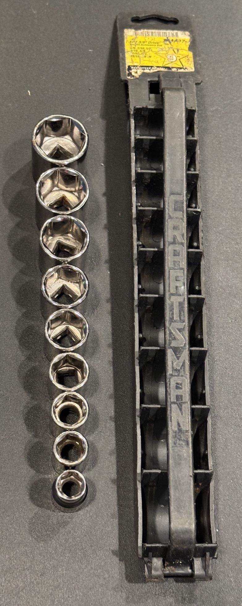 CRAFTSMAN USA 9_34437 SAE 9 pc Socket Set 6 pt 3/8" Drive 3/8" - 7/8". Used condition. 3/8”, 7/16”, 1/2”, 9/16”, 5/8”, 11/16”, 3/4”, 13/16”, & 7/8”