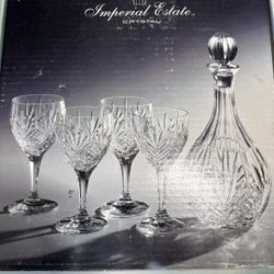 vintage Imperial Estate Ventana Czech Crystal 5 pc Set 1 Wine Decanter 4 Goblets glasses set 