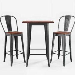 Bar Bistro Table and Chairs Set of 2 with Solid Elm Top and Metal Frame