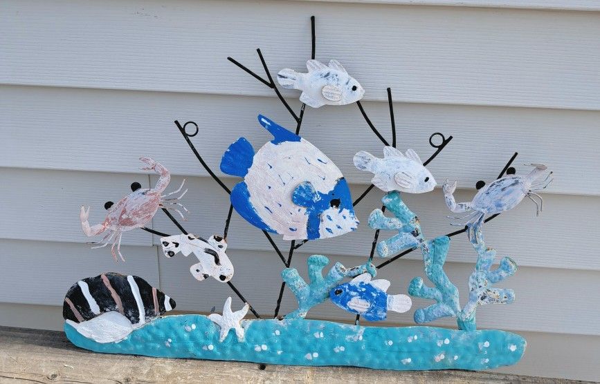 Large Metal Wall Hanging, Fish, Starfish, Crab, Corral, Patio Decor, Yard Art, Swimming Pool Art