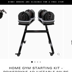 The PowerDyne Adjustable Dumbbell Set with rolling stand (price is firm)