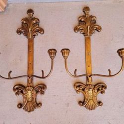 Antique Spanish Cathedral Gold Gilt Brass Candelabra Wall Sconces 