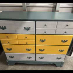Hand-Painted Teal Multi-Drawer Dresser (with gray & yellow drawers)