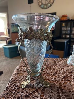 Cut Crystal Vase with Brass Floral Metal Frame