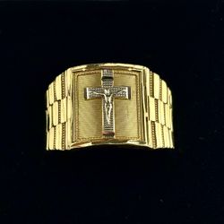 14K Yellow Gold Crucifix Jesus Cross Ring Diamond Cut Textured Band Size 9
