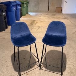 Two Blue Velvet Counter Stools