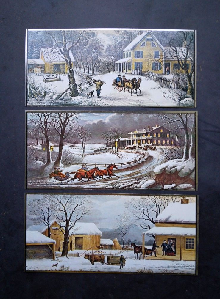 Vintage Currier & Ives 6 1/2" x 16" American Winter Scenes Metal Lithograph Prints