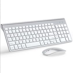 White and silver keyboard and mouse combo