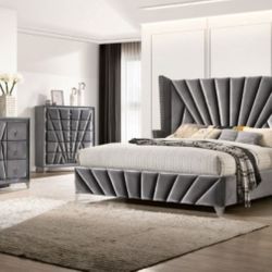 Brand New Grey Upscale 4pc Queen Bedroom Set (Available In Eastern King)