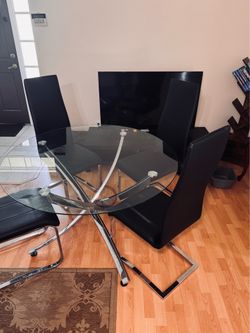 Modern Glass Dining Table Set 4 Black Leather Chairs Chrome Base