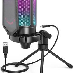 FIFINE USB Gaming Microphone for PC PS5, Condenser Mic with Quick Mute, RGB Indicator, Tripod Stand, Pop Filter, Shock Mount, Gain Control for Streami