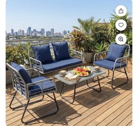 4 Piece Outdoor Patio Wicker Furniture Set,Rattan Conversation Set with Rectangular Tempered Glass Coffee Table & Soft Cushions for Backyard Balco