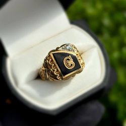 Jewelry 14k solid yellow gold natural diamonds Onyx 0.81CTW letter G ring size 12.75