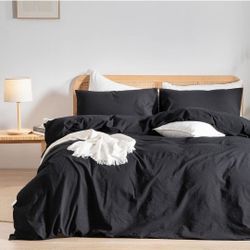 (New in Pack) 
BESTOUCH Duvet Cover Set 100% Washed Cotton Linen Feel Super Soft Comfortable Chic Lightweight 3 PCs Home Bedding Set Solid Deep Black 