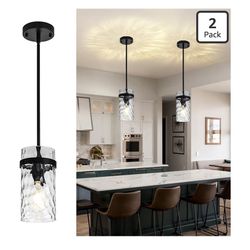 2 Pack Black Pendant Lights Kitchen Island, Hammered Glass Pendant Lighting Over Island, Kitchen Hanging Light Fixtures Pendant Light Over Sink for Ki