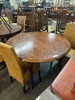 Round Oak Tigerwood Dining Table with Intricate Inlay