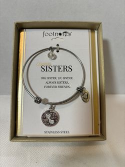 Footnotes Sisters Expandable Stainless Steel Silver Charm Bangle Bracelet