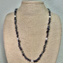 Iolite Crystals with Genuine Peral Sterling Silver long Necklace