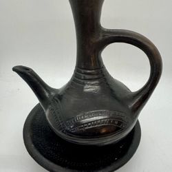 Unique Black Ceramic Coffee Pot Ethiopian Jebena Decorative Handcrafted 8” Tall