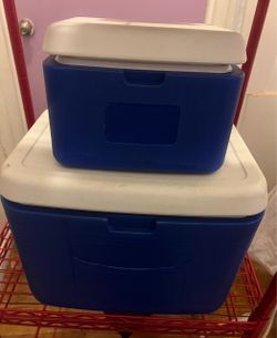 Blue and White Plastic Coolers Set of 2
