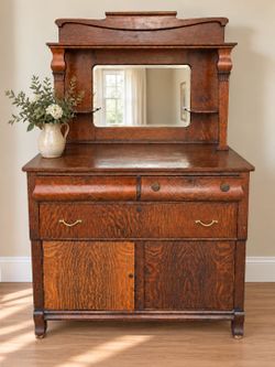 Antique quarter-sawn oak mirrored sideboard buffet cabinet