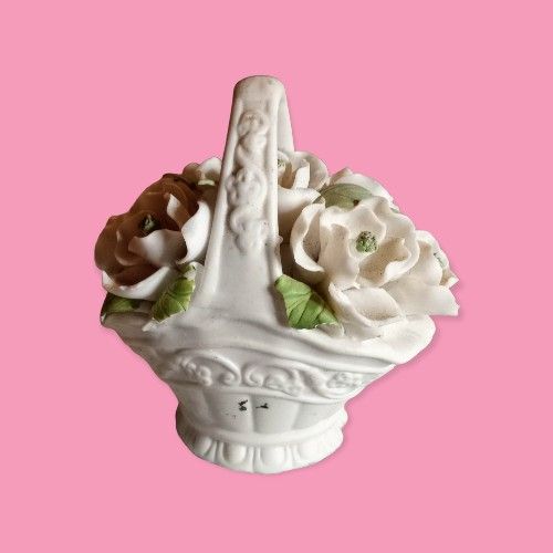 Vintage Basket Bouquet Of Roses Made Of Milk Glass