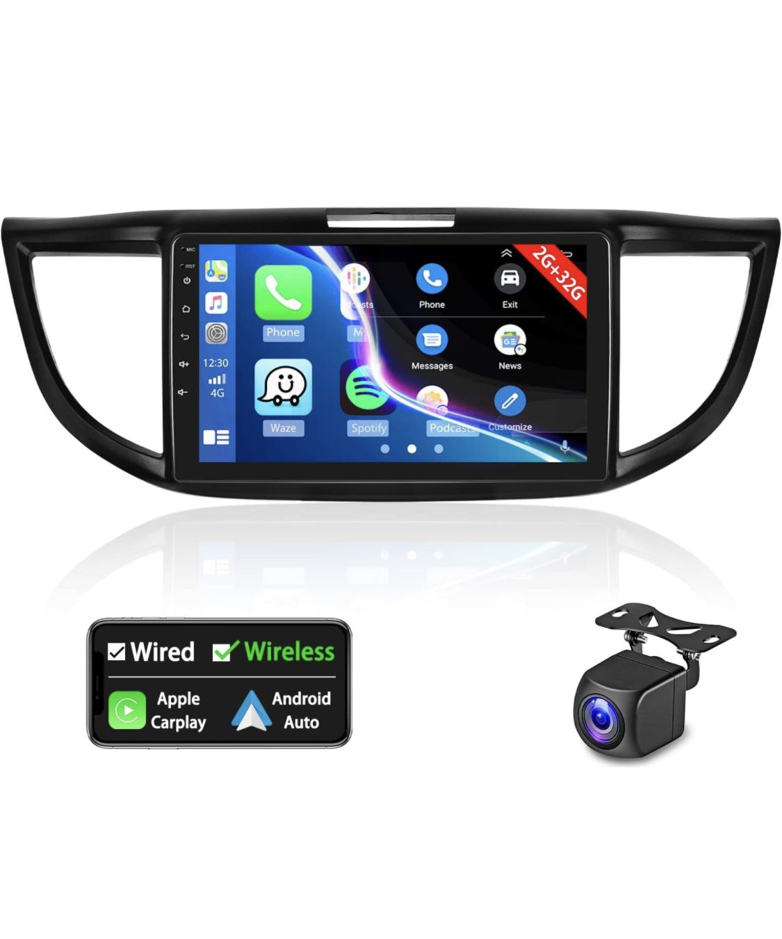 2+32GB Android 11 Car Stereo for Honda CRV 2012-2016 Wireless Carplay Android Auto Radio 9 Inch Touch Screen CRV Head Unit with GPS BT Mic AHD Backup 