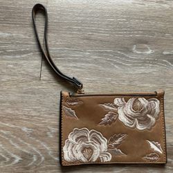 Women's Brown Leather Floral Print Wristlet 