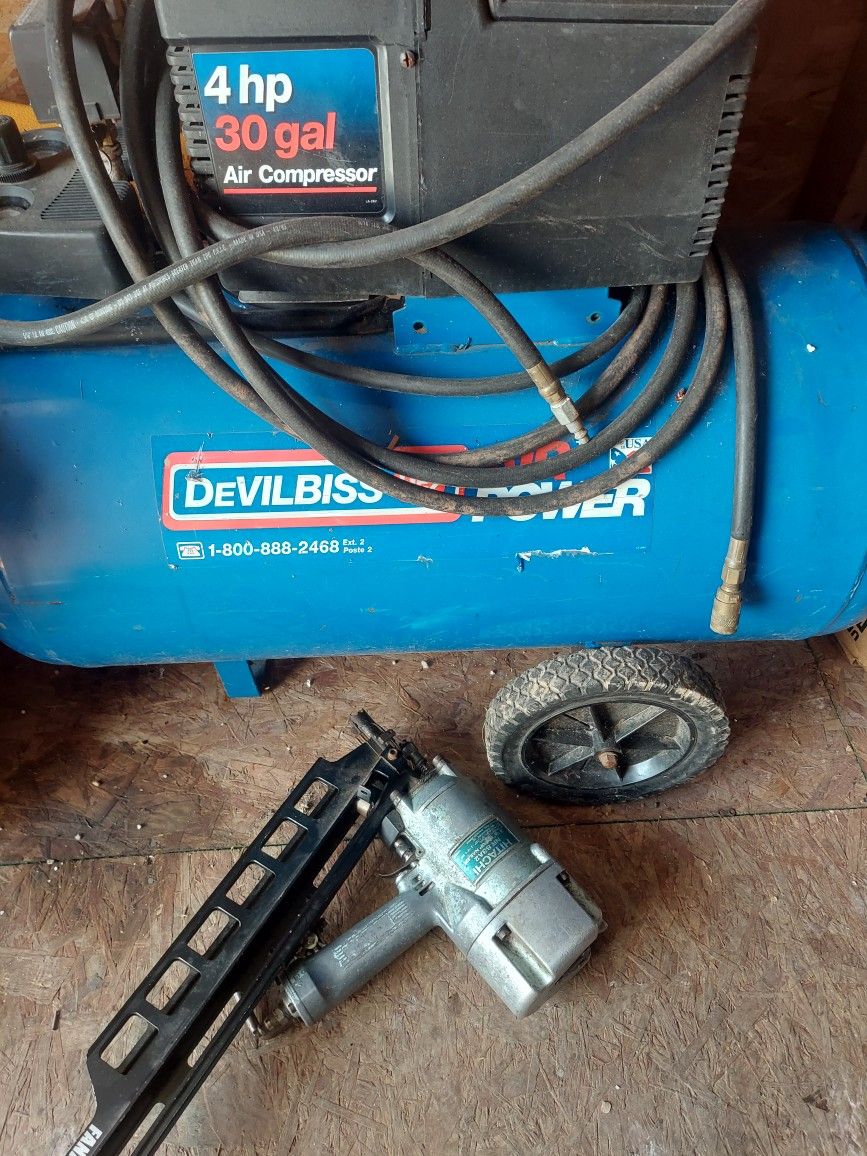 Compressor, Nail Gun, Cords Air Hose, Nails 10d And Galv Ring Shank 8d