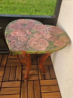 Hand-Painted Floral Heart-Shaped Side Table