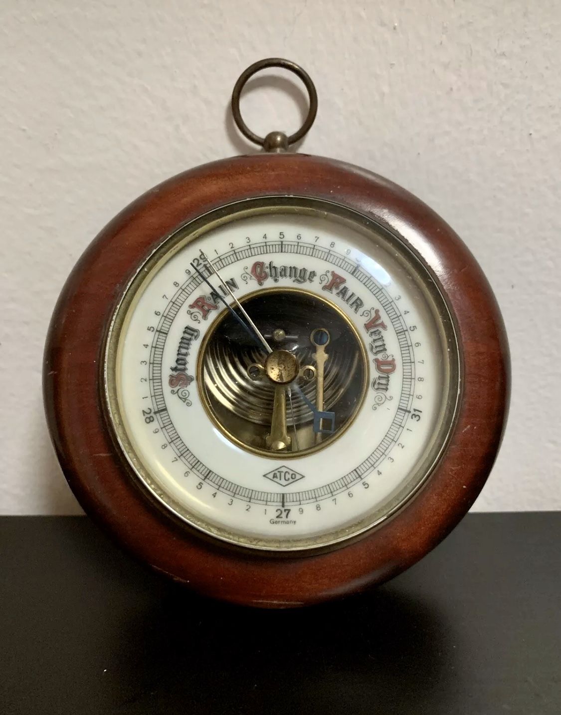 ATCO Barometer Wood Case Enamel Porcelain Face, Made in Germany Stamped 1650