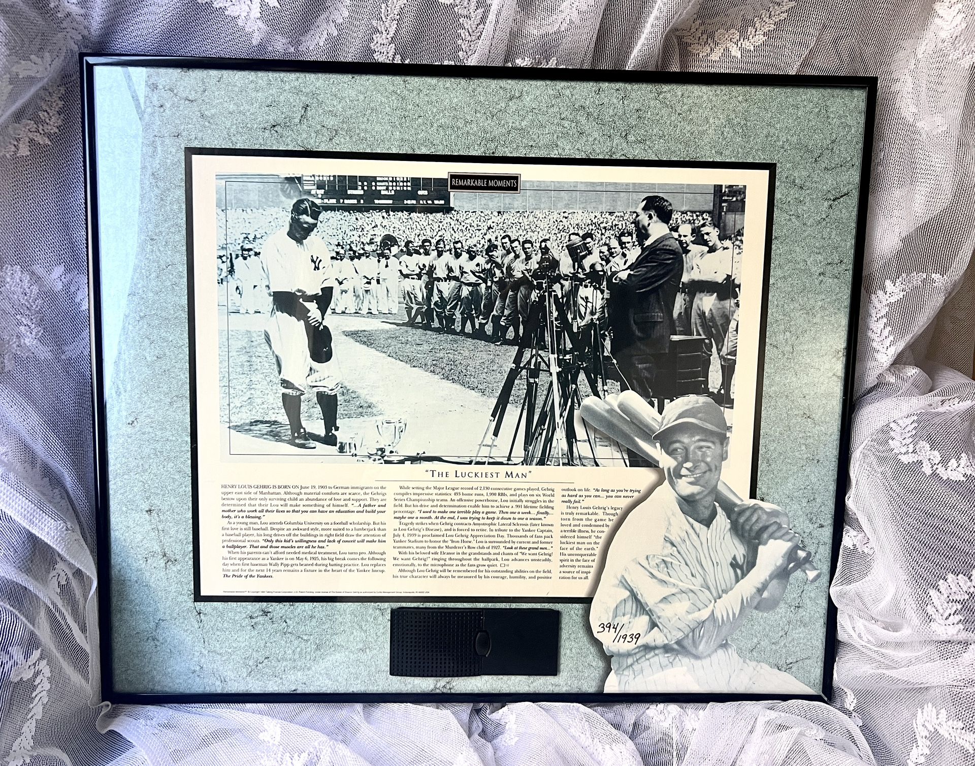 RARE Limited Edition 394/1939 Lou Gehrig Remarkable Moments Framed Plaque With Luckiest Man Quote
