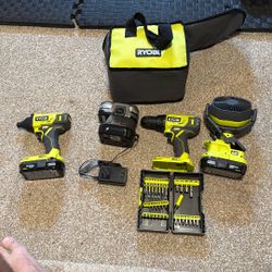 Ryobi Drill And impact Driver, Bits, 3 Batteries And Fan