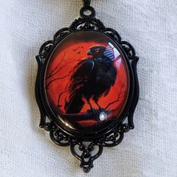 Vintage Halloween Raven Pendant Necklace 