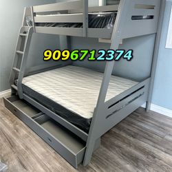 Twin Full Size Grey Bunkbed With Orthopedic Mattress Included 