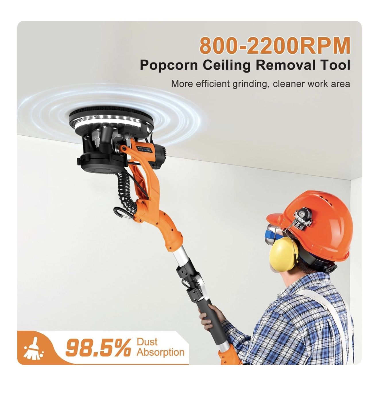 Drywall Sander, 1000W Popcorn Ceiling Removal Tool, Automatic Drywall Sander with Vacuum Dust Collection, LED Light, 6 Variable Speed RPM,15Pc