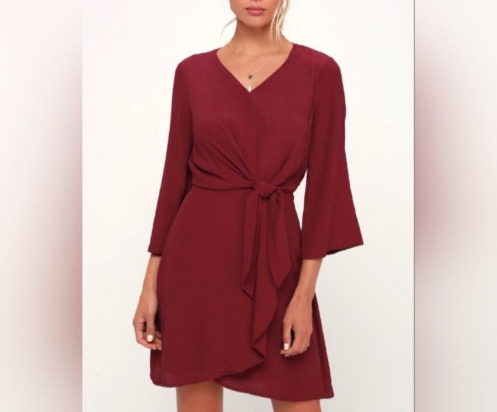 NWT Lulus Claremont Burgundy Tie-Front Three-Quarter Sleeve Dress