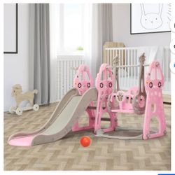 4 in 1 Indoor Toddlers Pink Climber Slide BasketBall Hoop and Long Slide Swing and Slide Set (V082)