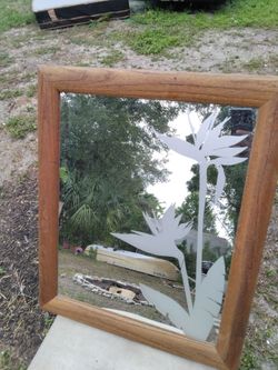 Wood Framed Wall Mirror with Etched Floral Design