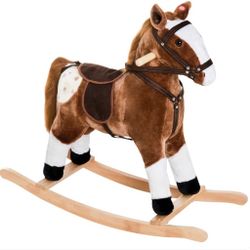 Qaba Kids Wooden Plush Ride-On Rocking Horse Chair Toy Dark Brown/White